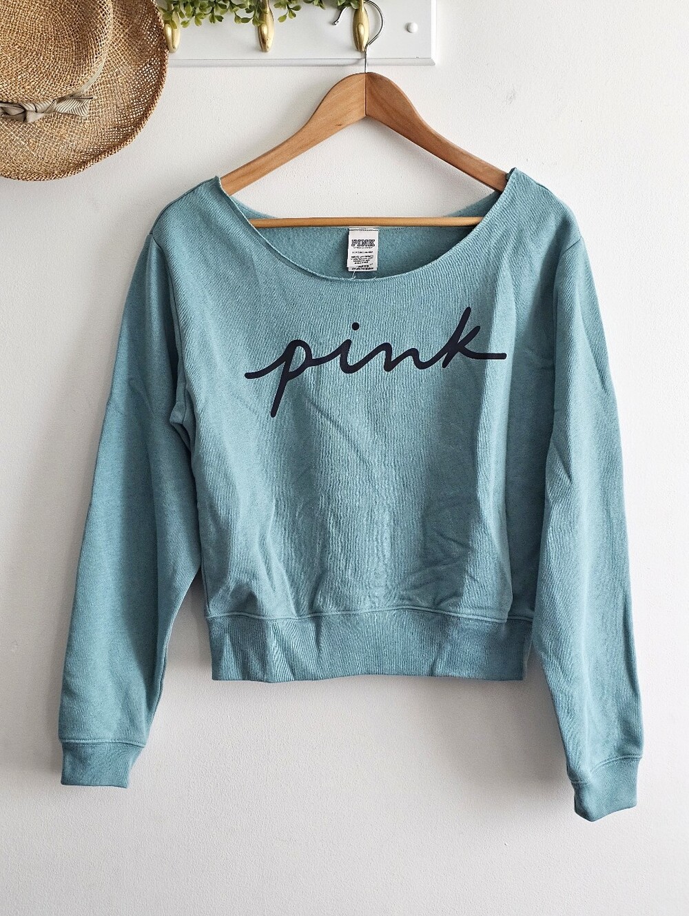 PINK Victoria’s Secret Blue Fleece Sweatshirt Cropped Pullover Logo Top Small